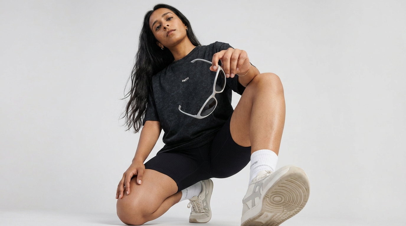 Studio standing pose, AI fashion model wearing the garment
