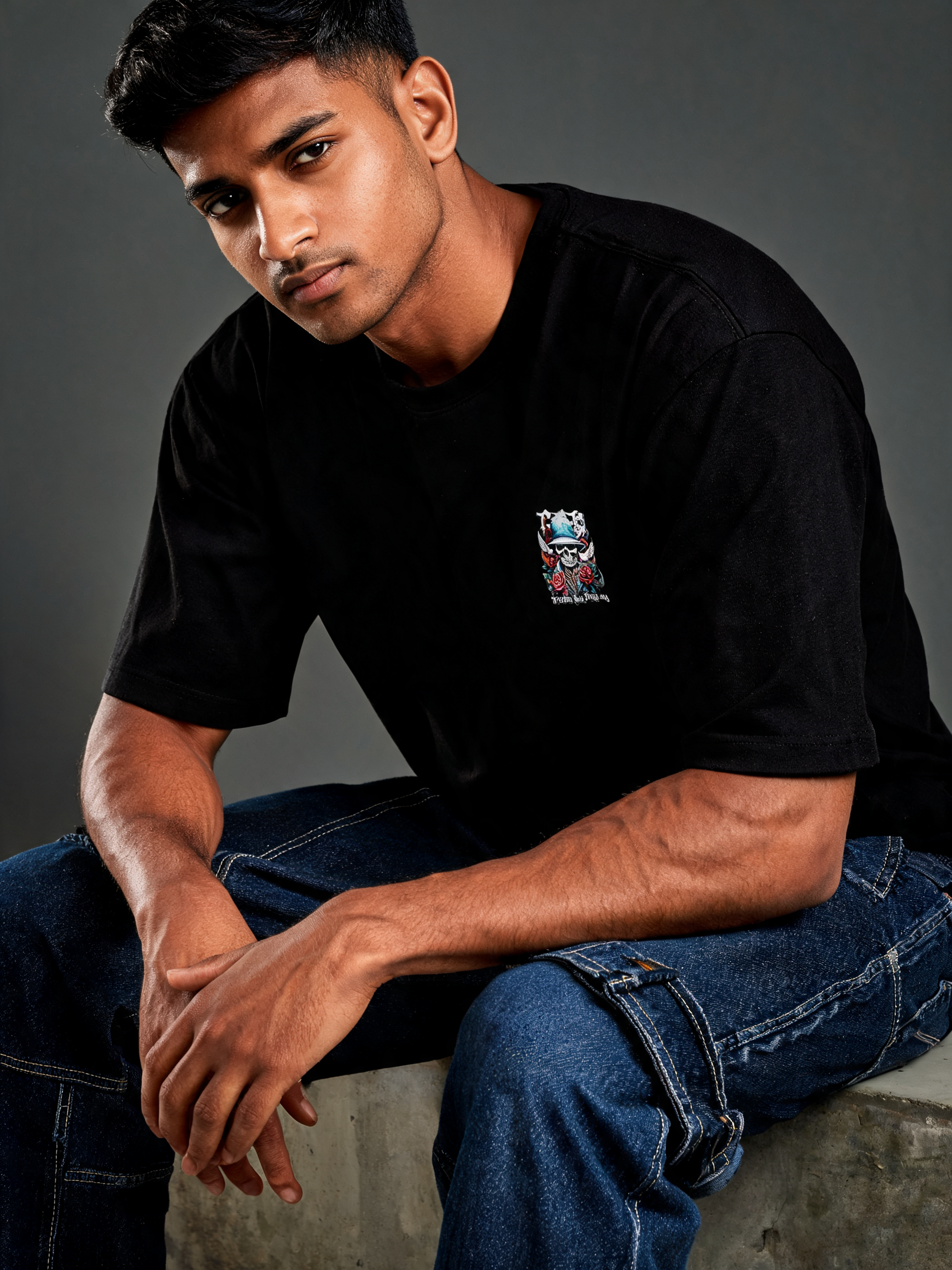 Seated pose fashion photograph generated from a garment upload